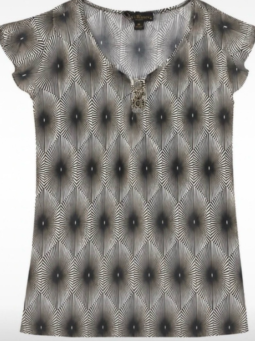 Olive & Gold Abstract Print Top Chic Stretch V-Neck w/ Embellished Placket 1x-2X